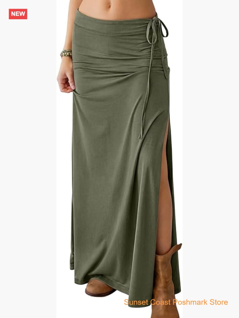 High Waisted Maxi Skirt With Side Slit Adjustable Drawstring Flowy Bohemian